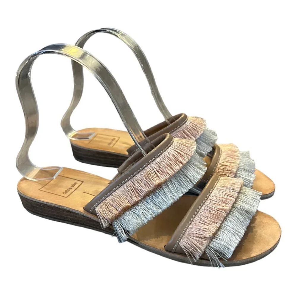 Dolce Vita Haya Sandals Natural Fringe Flat Slides Size 7 Pink White